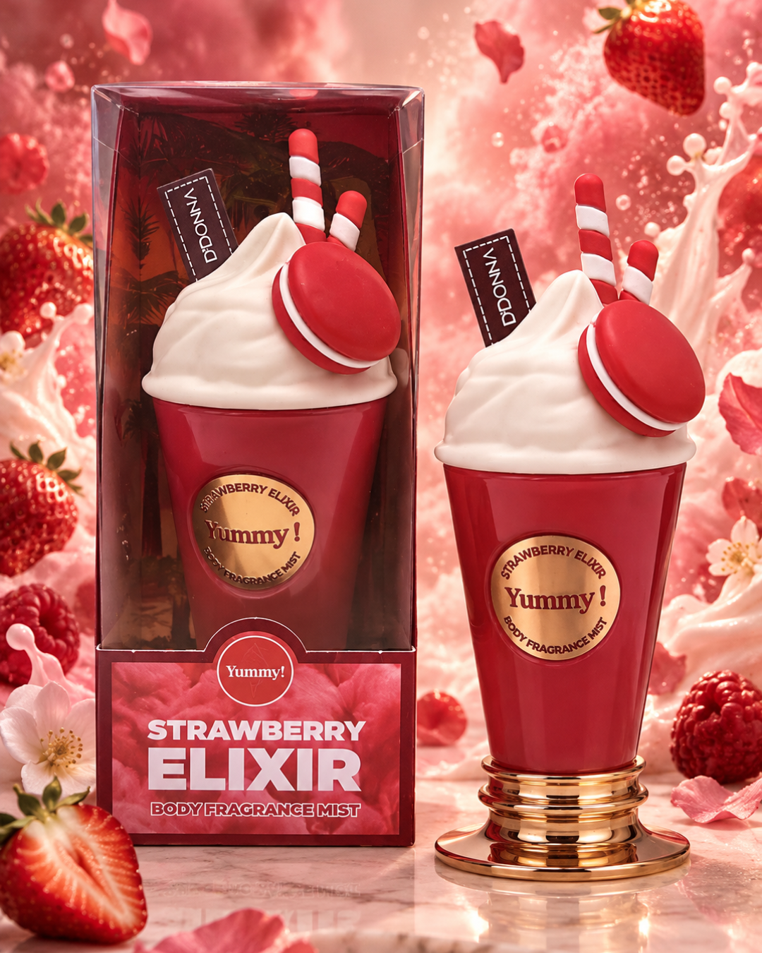 Yummy Strawberry Elixir Body Fragrance Mist, bruma corporal de fresa para mujer con envase rojo tipo batido y caja
