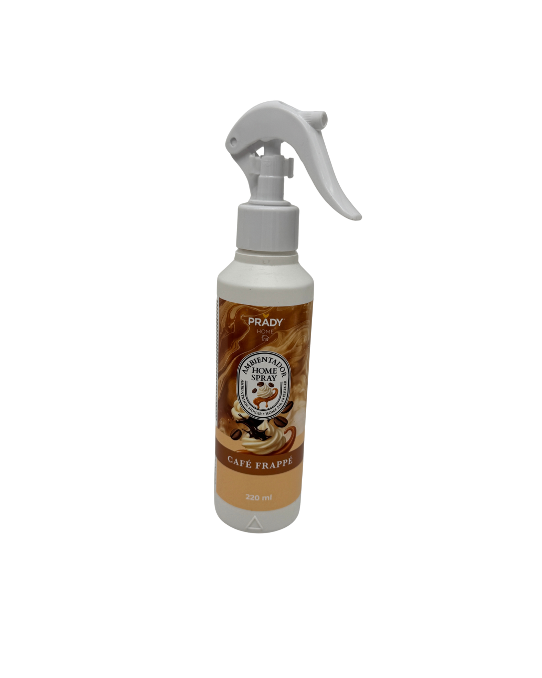 Ambientador en spray sabor Café Frappé de Prady Home de 220ml, botella blanca con pistola pulverizadora y etiqueta marrón con ilustraciones de granos de café, crema y caramelo sobre fondo blanco roto.