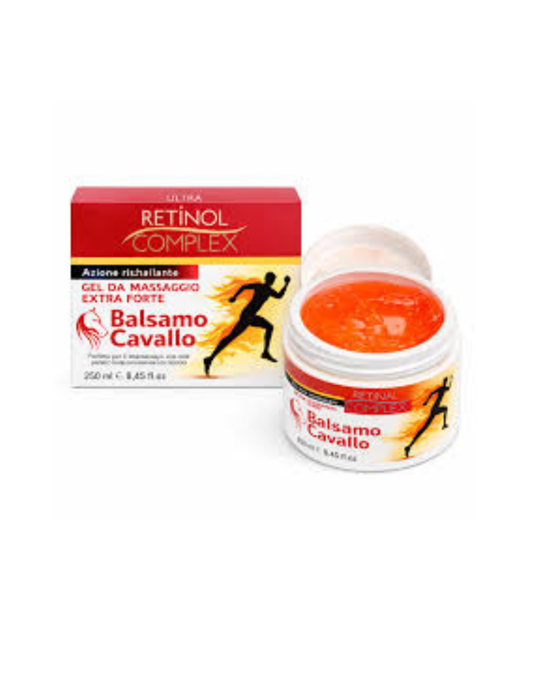 Tarro del gel de masaje corporal Bálsamo de Caballo Extra Forte de Retinol Complex de 250ml con acción calentadora para el alivio de tensiones musculares.