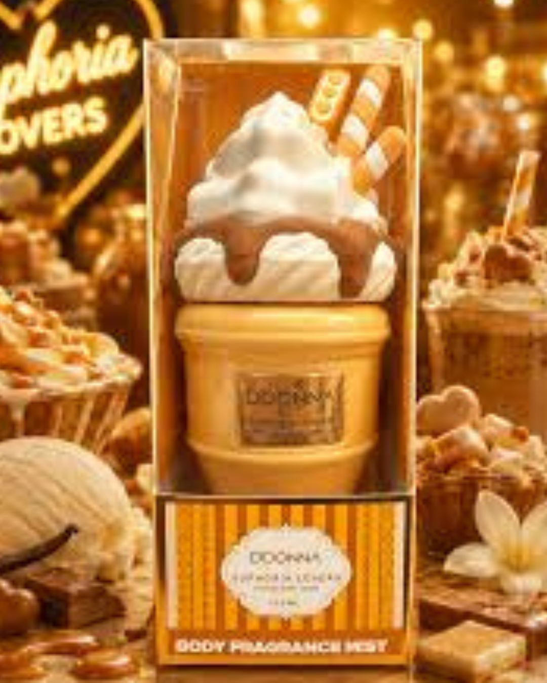 Bruma corporal D'OONNA Euphoria Lovers en estuche, con frasco con forma de copa de helado con nata, sirope de caramelo y barquillos.