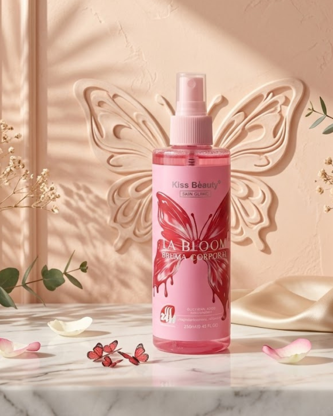 Bruma corporal rosa Kiss Beauty La Bloom 250ml con pulverizador sobre repisa de mármol y fondo decorativo con mariposa.