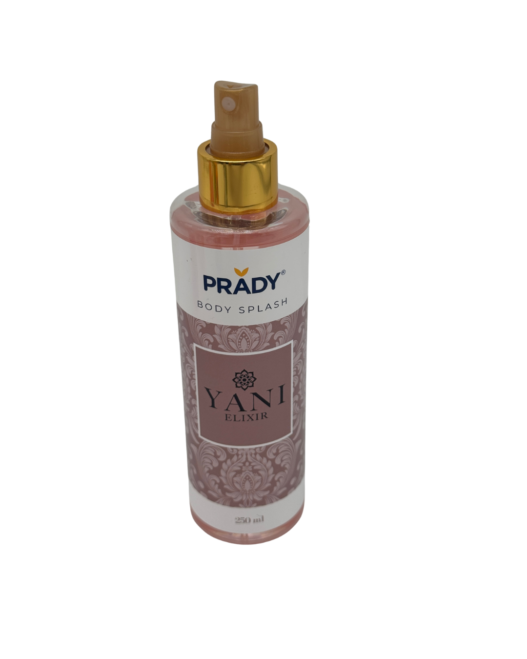 Frasco de spray corporal Prady Yani Elixir Body Splash de 250ml en tonos rosa empolvado con estampado barroco y tapón dorado.