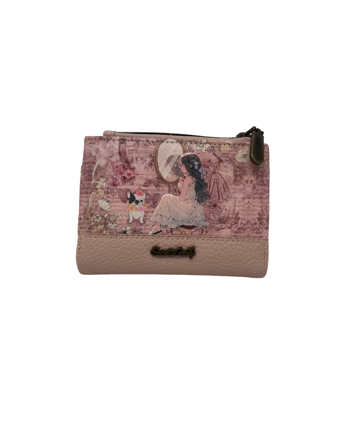 Cartera billetera mediana Sweet Candy diseño vintage con ilustracion de chica y perro en tonos rosa