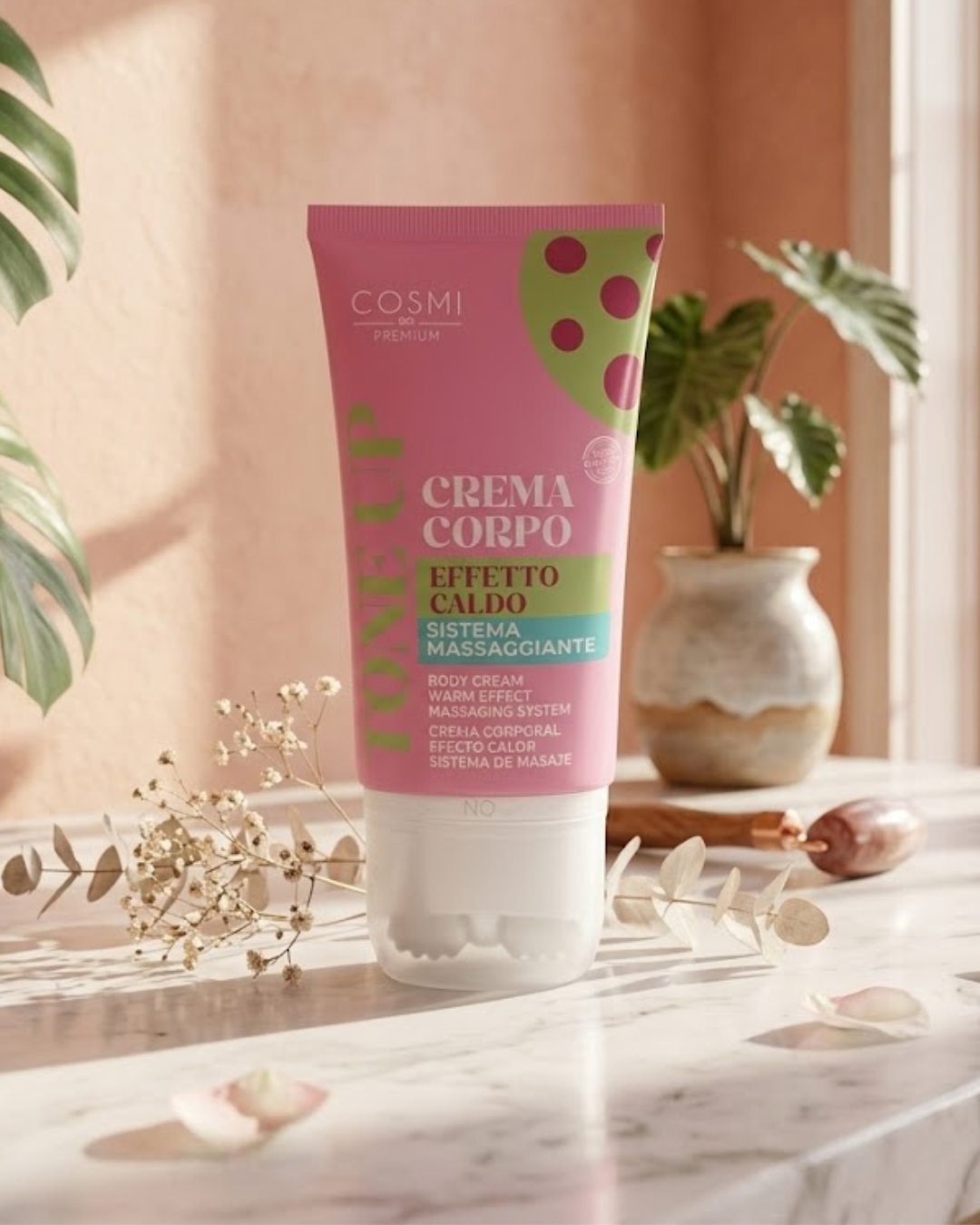 Tubo de crema corporal COSMI Premium Tone Up efecto calor 120ml con aplicador de sistema masajeador sobre mesa de mármol decorada.