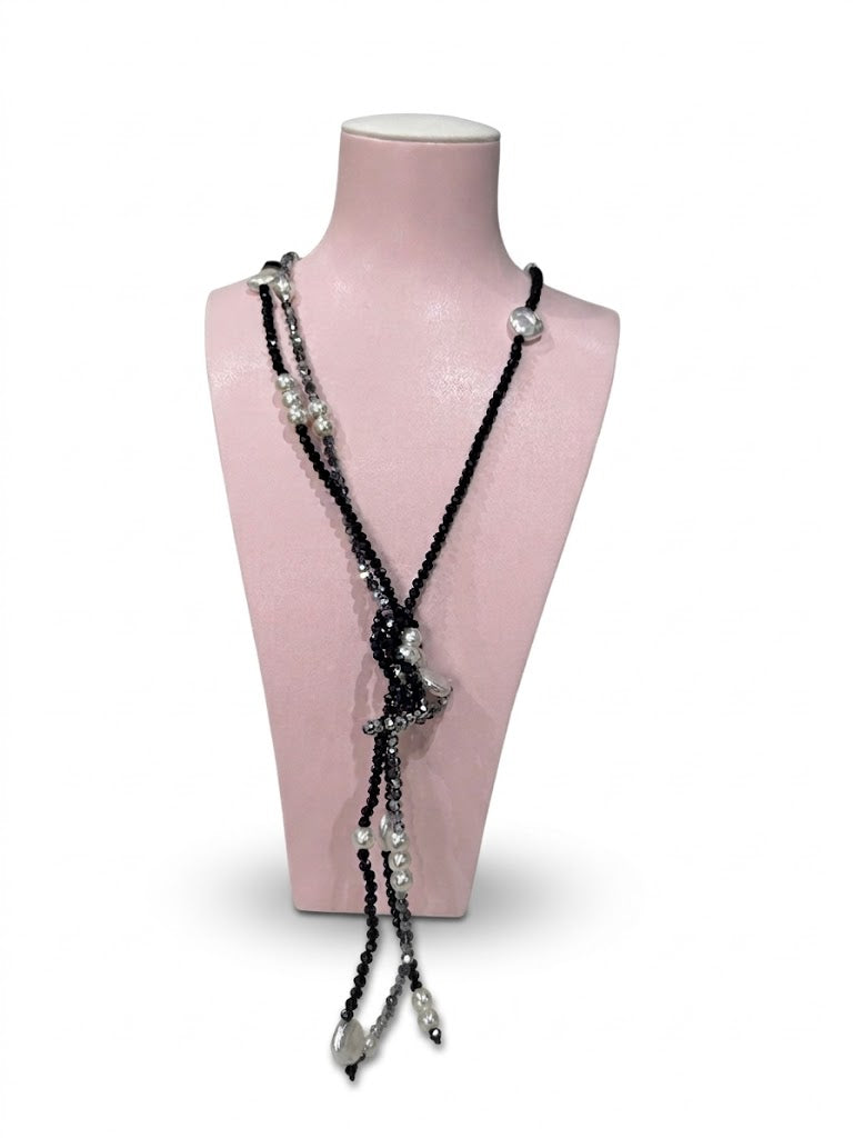 Collar Largo de Perlas y Cristales Negros - Versátil con Cierre Dorado - Joyería Elegante 2 en 1