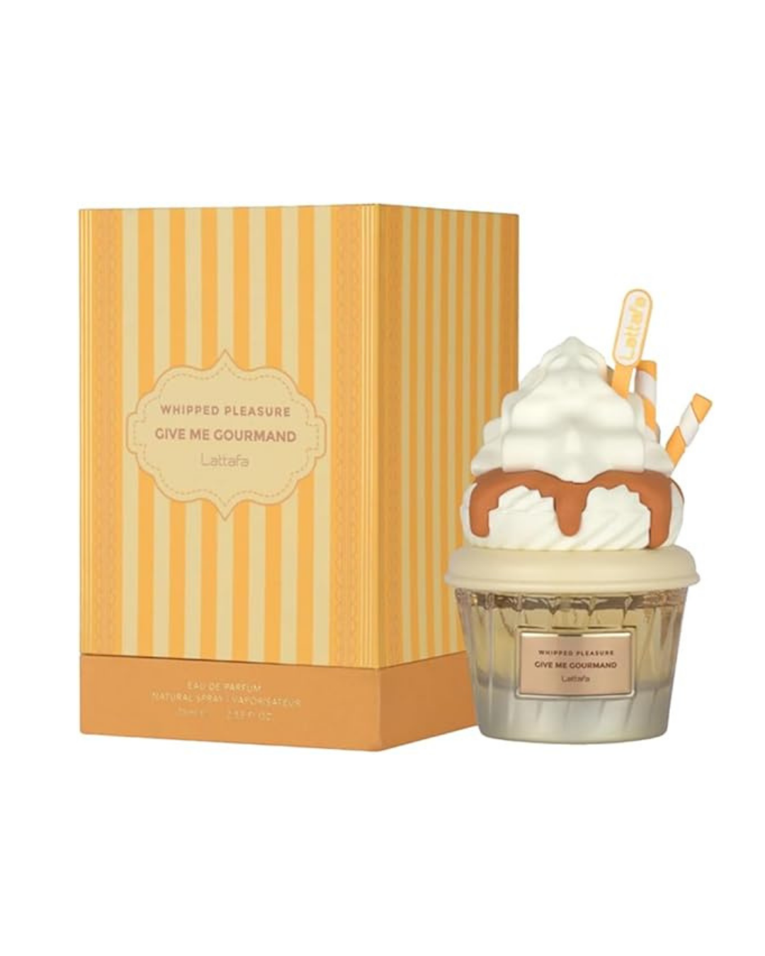 Frasco de perfume inspiracion Whipped Pleasure 50 ml con diseno de nata montada con toffee y caja de rayas amarillas