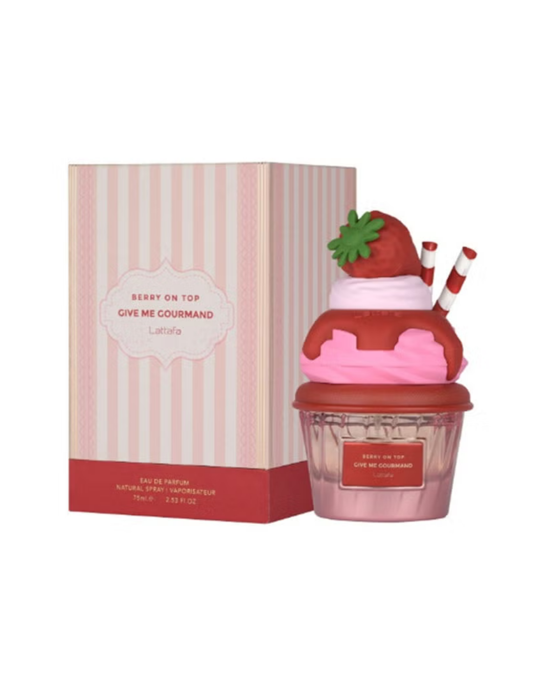 Frasco de perfume inspiracion Berry On Top 50 ml con diseno de cupcake de fresa con nata y caja de rayas rosa
