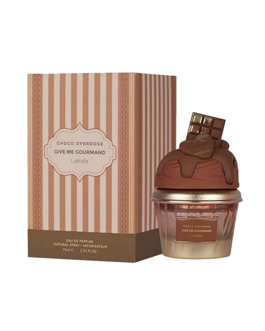 Frasco de perfume inspiracion Choco Overdose 50 ml con diseno de cupcake de chocolate y caja de rayas marron