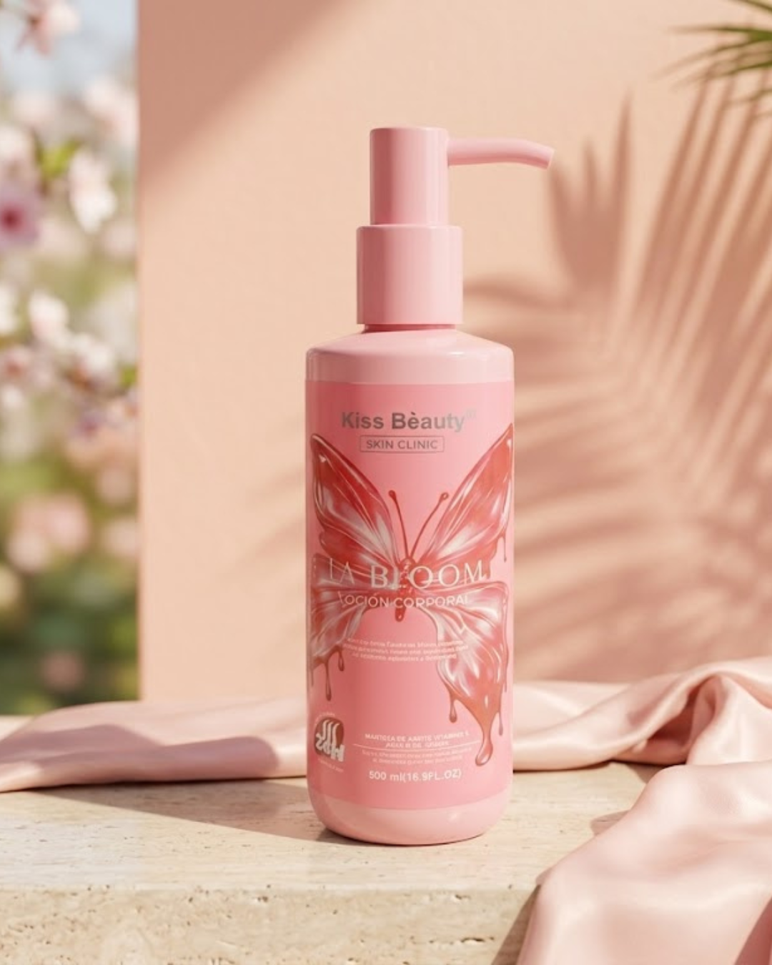 Loción corporal rosa Kiss Beauty La Bloom 500ml con dosificador, formulada con manteca de karité, vitamina E y aceite de jojoba.