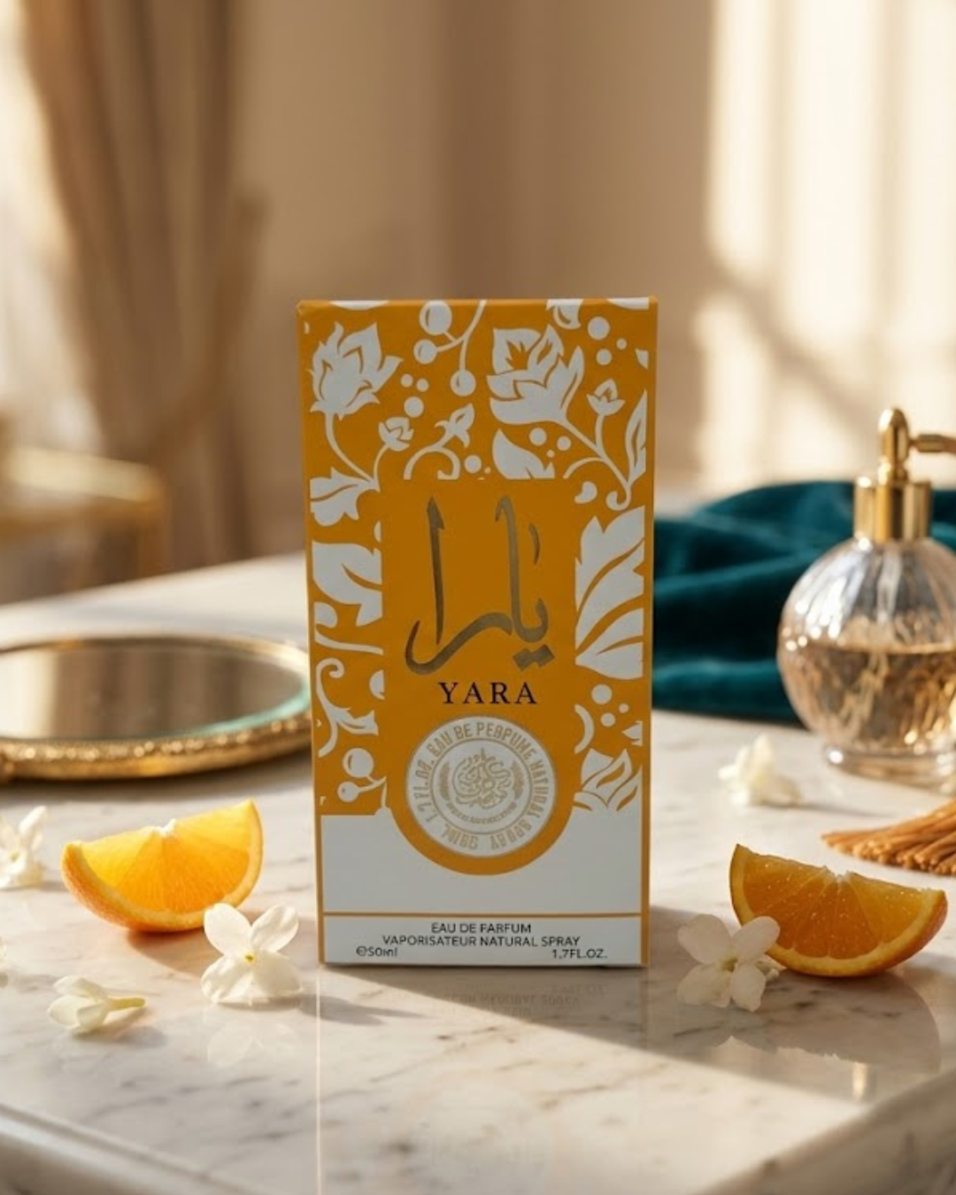 Perfume Yara Yellow Eau de Parfum de 50 ml sobre mesa de mármol con rodajas de naranja y flores blancas.