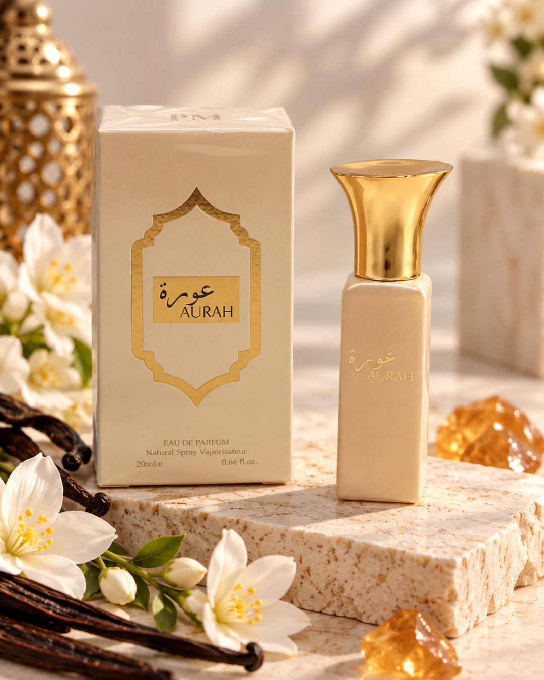 Perfume árabe Aurah Eau de Parfum 20 ml mini talla beige y dorado