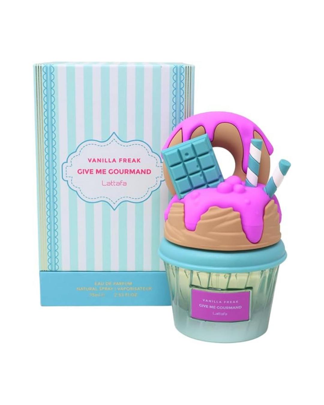 Frasco de perfume inspiración Vanilla Freak 50 ml con diseño de cupcake dulce y caja a rayas azul pastel