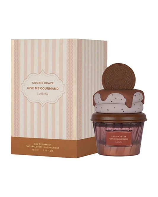 Frasco de perfume inspiracion Cookie Crave 50 ml con diseno de cupcake y galleta de crema con caja de rayas beige