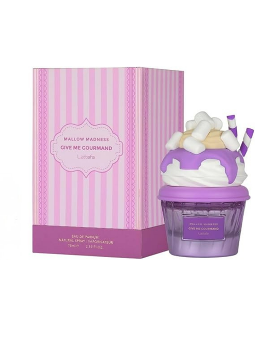 Frasco de perfume inspiracion Mallow Madness 50 ml con diseno de cupcake con malvaviscos y caja a rayas rosas